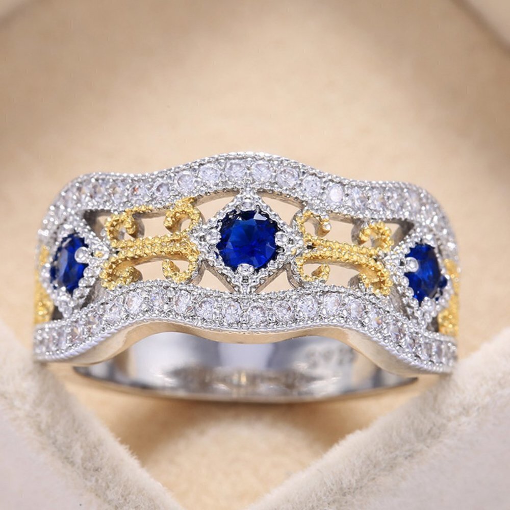 ✨ Eternity Royal Blue Flower Carving Vintage Rings for Women, PD247 - Picture 2 of 4